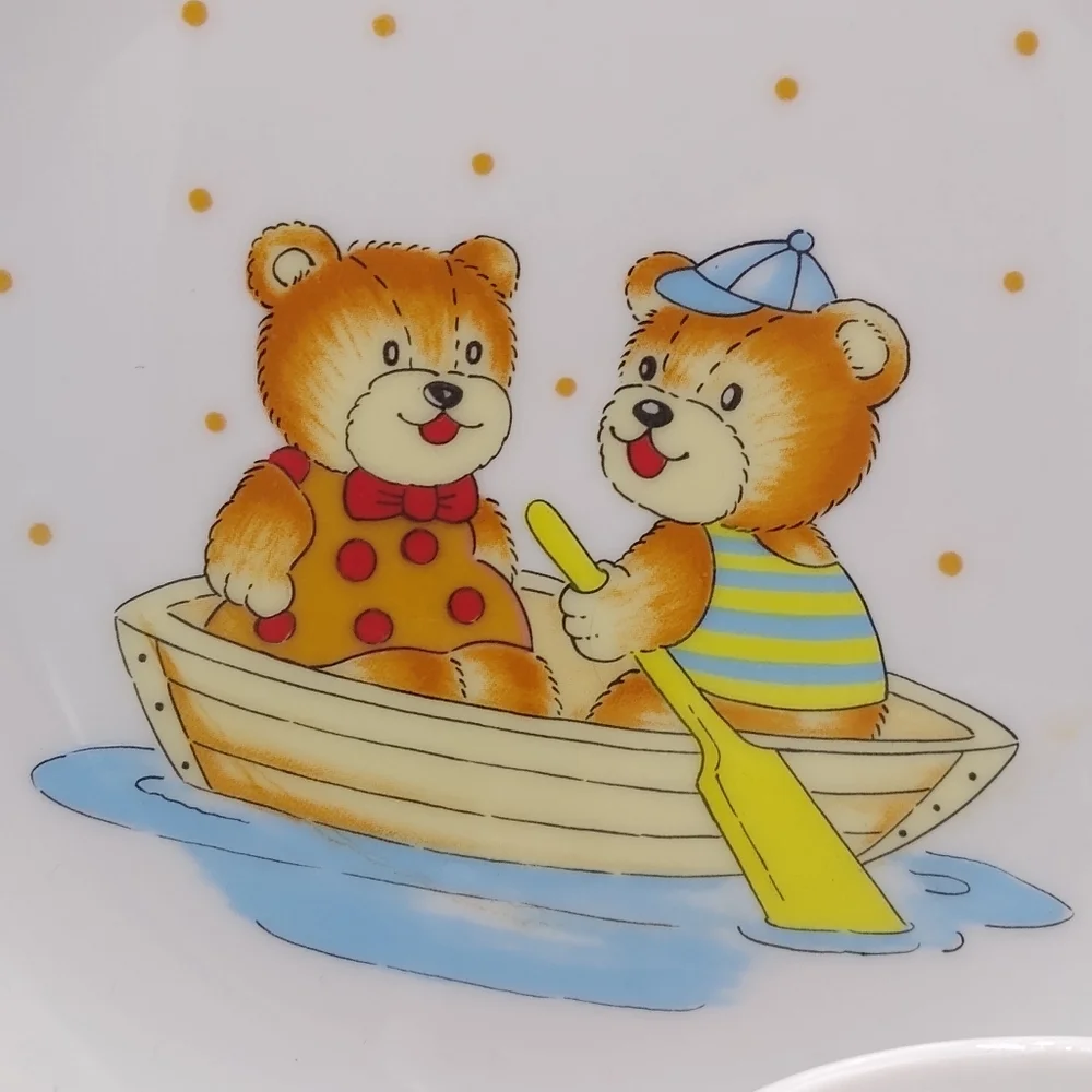 Fine China Child's Dinner Set Toddler Child Teddy Bear Rowboat Plate Cup Vtg
